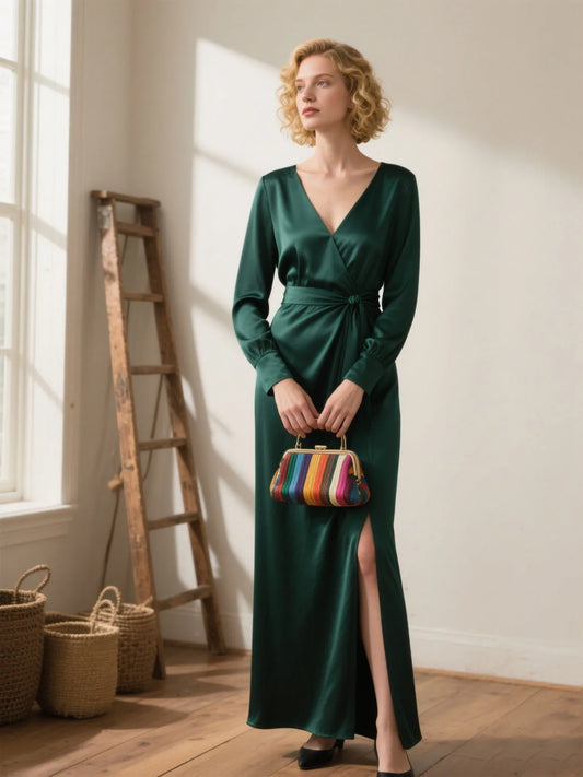 Mother Of The Bride Dress - Sexy V Neck Long Sleeves Satin Evening Dress High Split Elegant Ankle Length Mother of the Bride Dress 2025 free customized Dark Green