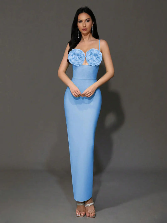 2024 Sexy Women'S Light Luxury Flower Design Bandage Dress Spaghetti Strap Sleeveless Bodycon Backless Long Dresses Vestidos