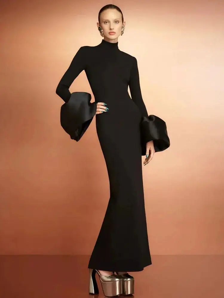 2024 Elegant Women's Black Maxi Dress Stand up Neck Flare Sleeves Bodycon Bandage Long Dresses Cocktail Evening Party Vestidos black
