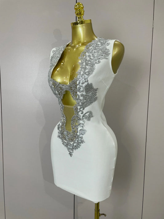 Sexy Silver Sequin White V Neck Cut Out Short Bandage Dress Women Elegant Luxury Birthday Party Club Wedding Vestidos