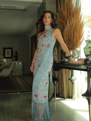 Print Tassels Integrated Long Dress Women Elegant Halter Scarf Collar Sleeveless Backless Asymmetric Evening Dresses New Vestido