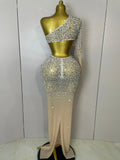 Women Sexy One Shoulder Hollow Out Big Crystal Bodycon Long Dress Celebrate Nightclub Party Bar Singer Birthday Dress