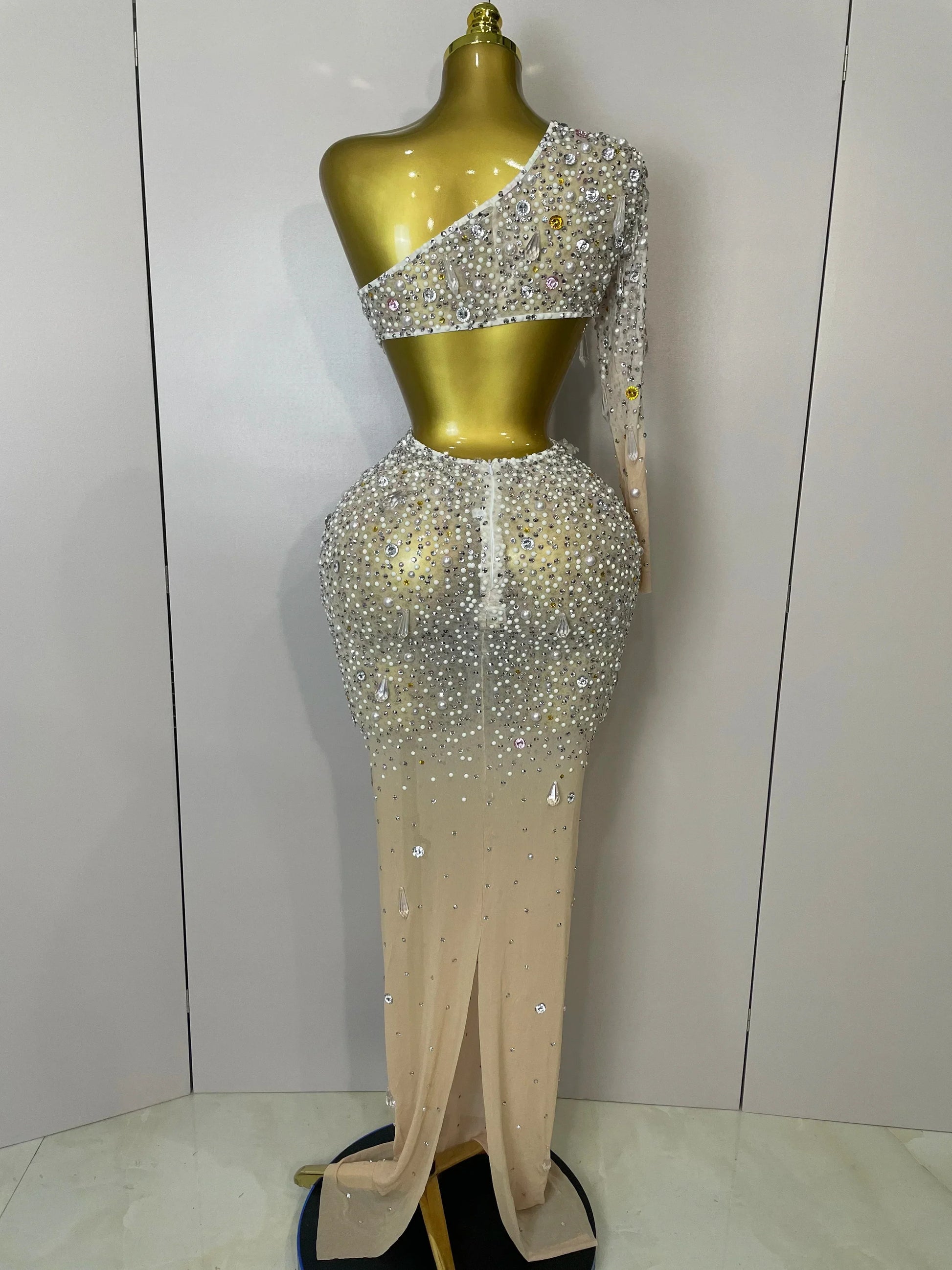 Women Sexy One Shoulder Hollow Out Big Crystal Bodycon Long Dress Celebrate Nightclub Party Bar Singer Birthday Dress