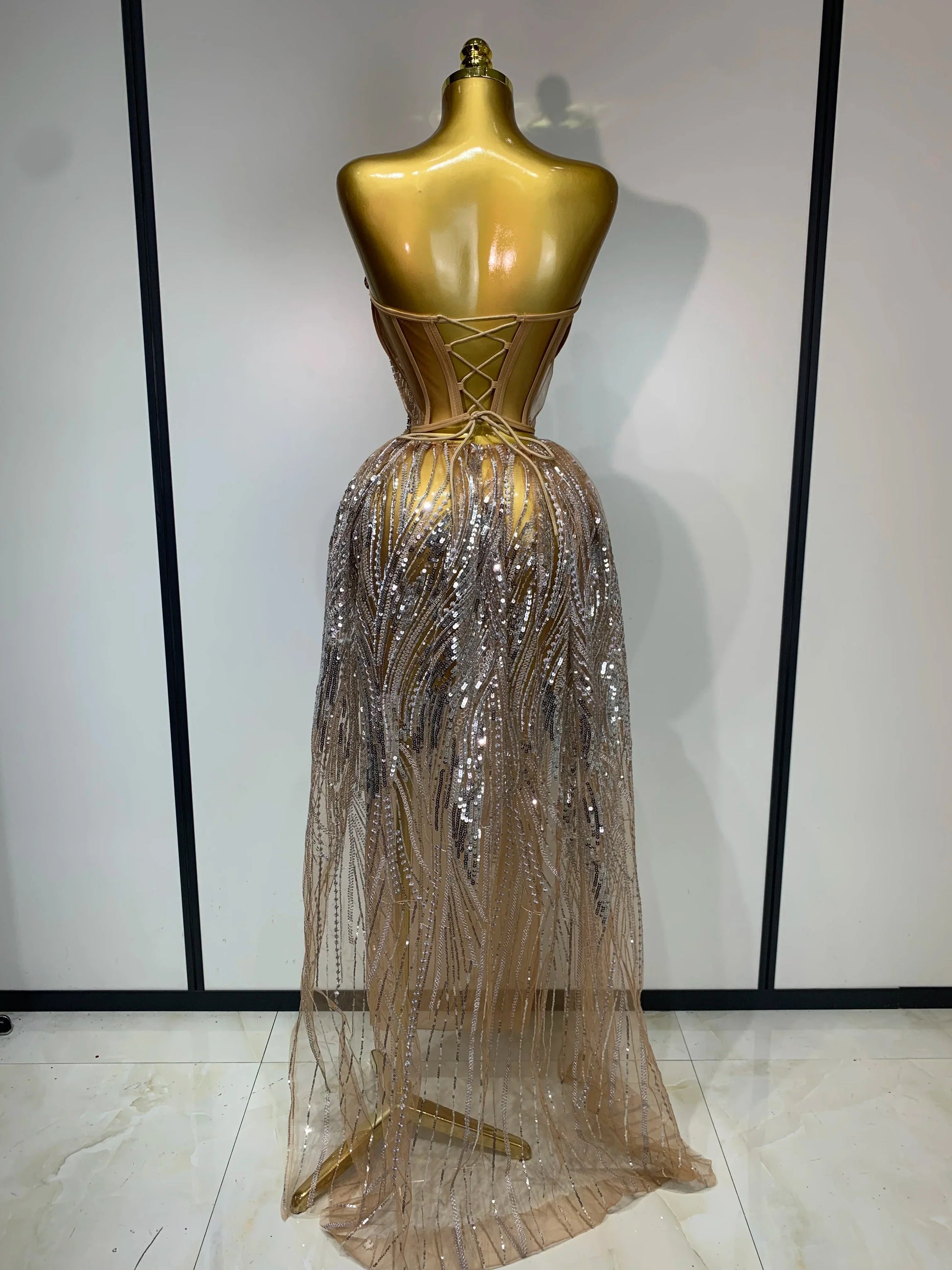 Women Sexy Strapless Mesh See Through Crystal Maxi Dress Evening Party Singer Stage Performance Costume Luxury Birthday Dress