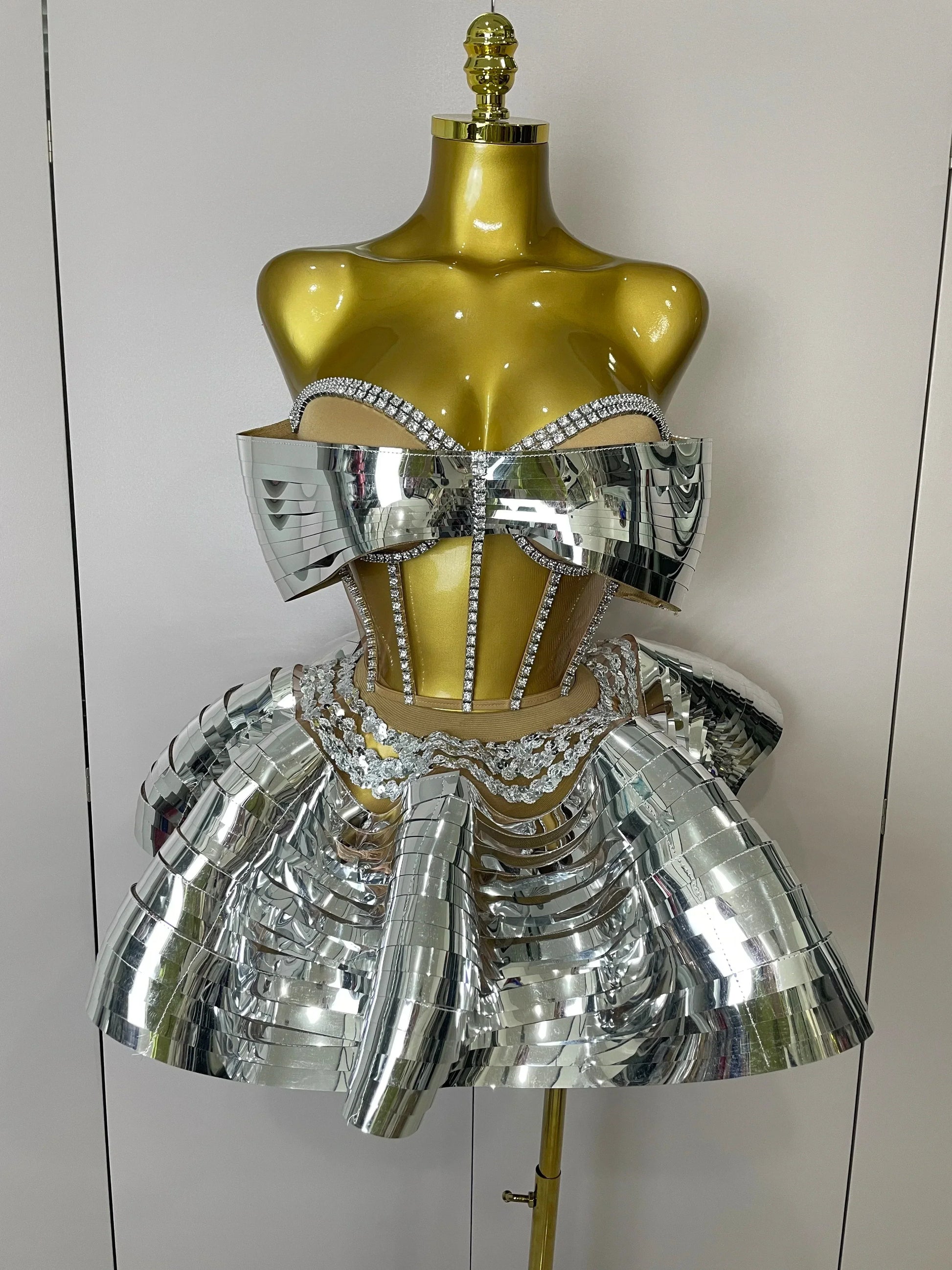 Women Silver Sequins Rhinestone Sexy Backless Two Piece Set Birthday Party Club Fancy Outfit Stage Performance Costume Silver