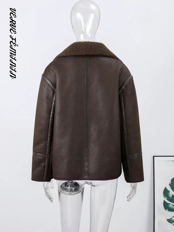 Lapel Faux Leather Lamb Fleece Reversible Winter Coats Women Elegant Long Sleeve Single Breasted Pocket Jacket Fashion Outerwear