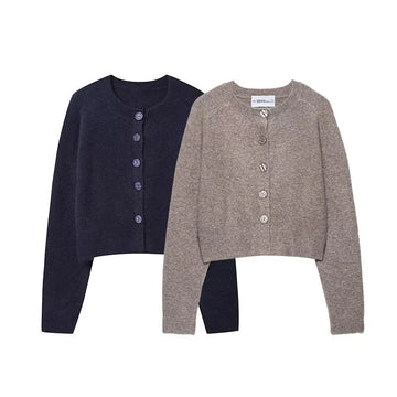 New women's versatile single breasted soft long sleeved round neck knitted jacket fashionable versatile sweater