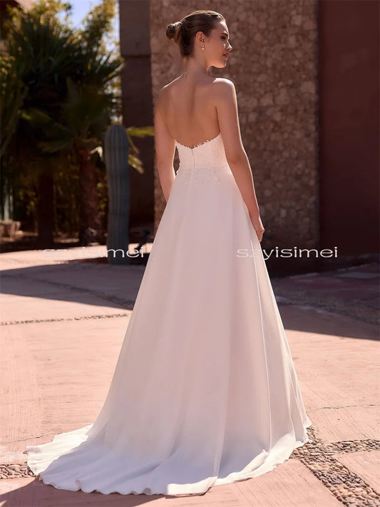 A Line White Wedding Dress With Long Train Sweetheart Backless Custom Made Bridal Dresses Vestido De Novia