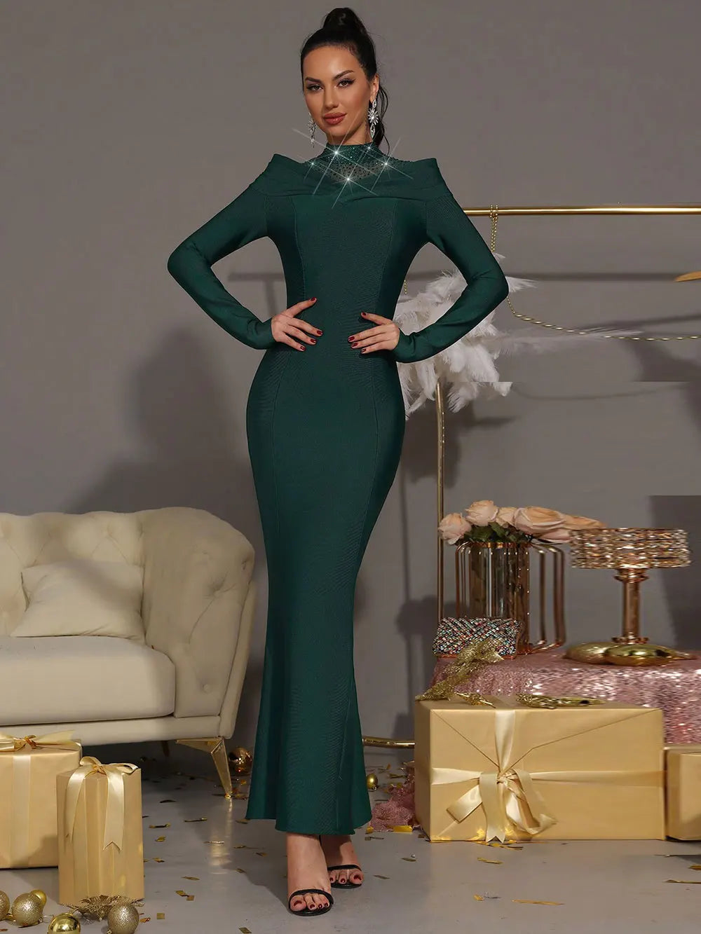 2025 Elegant Women's Wear Light Luxury Hot Diamond Tulle Patchwork Bandage Dress Stand Collar Long Sleeve Bodycon Long Dresses Dark Green