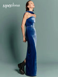 2025 Spring Sexy Women's Hanging Neck Sleeveless Blue Velvet Dress Fashion Bodycon Backless Long Dresses Evening Party Vestidos