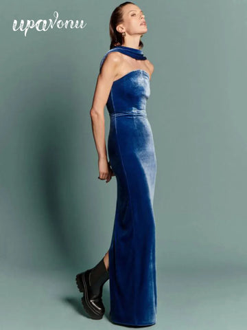 2025 Spring Sexy Women's Hanging Neck Sleeveless Blue Velvet Dress Fashion Bodycon Backless Long Dresses Evening Party Vestidos