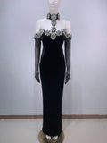 2024 Sexy Women's Heavy Industry Diamond Adorned Velvet Dress with Hanging Neck Shoulder Bodycon Transparent Gaul Gloves+Dresses black