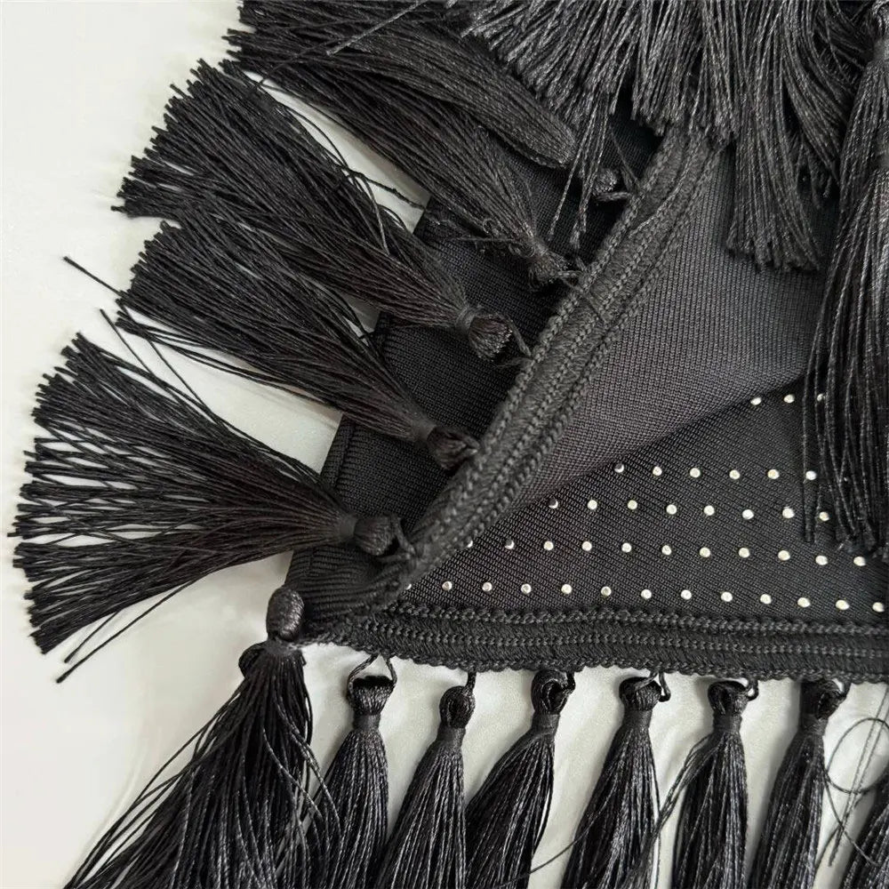 2025 Sexy Women Heavy Industry Pearl Nail Bead Bandage Dress Hanging Neck Sleeveless Bodycon Backless Midi Tassel Dress Vestidos