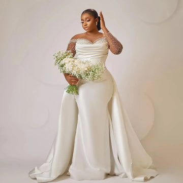 Plus Size Ivory Mermaid Wedding Dresses 2026 Sheer Neck Beaded Crystals Detachable Train Bridal Gowns Dress Vestidos De Noiva