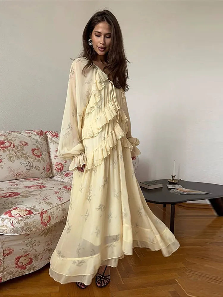 Women's Evening Dresses V-neck Ruffle Full Sleeve Printer Long Dress New Female Lace Up Loose Partywear Chic Office Lady Vestido