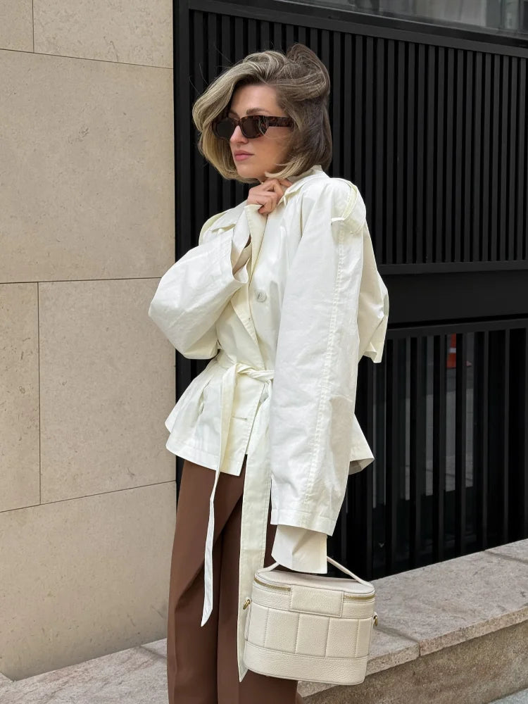 Double Breasted Waist Cinching Lace Up Short Windbreaker Women Retro Turn-down Collar Long Sleeve Patchwork Coats Chic Lady Coat