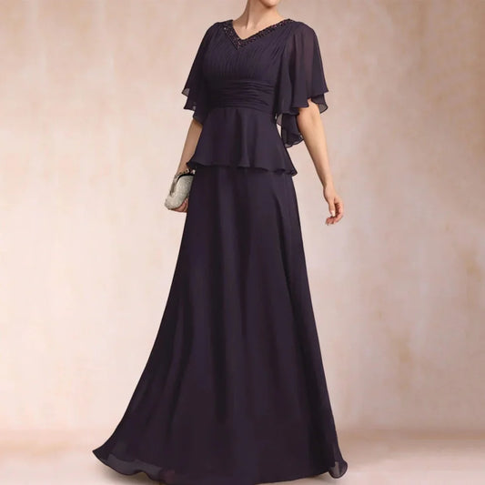 Formal Mother Dresses Customized Elegant A Line Chiffon Evening Gowns Beading V Neck Bride Party Dress robes invitée mariage