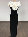 2024 Sexy Women's 3D Flower Decorative Bandage Dress with One Collar Shoulder Bodycon Bareback Long Dress Evening Party Vestidos WHITE