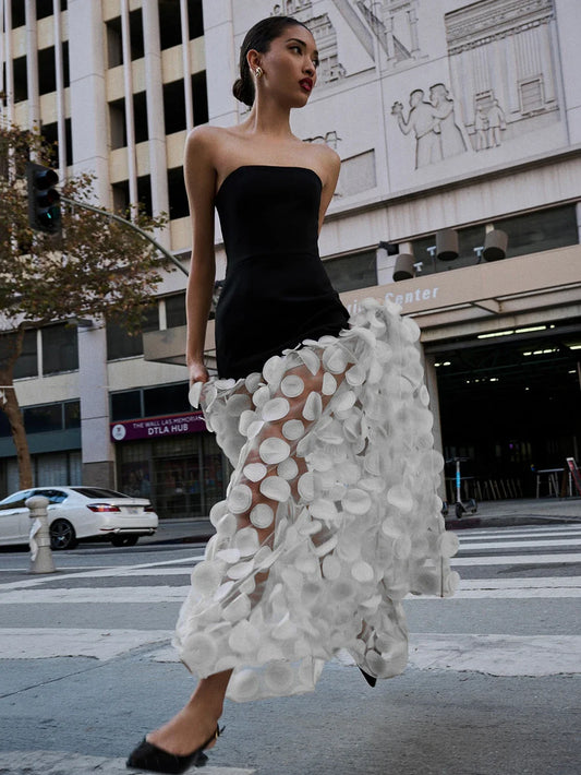 2025 Sexy Women Strapless Dot Mesh Patchwork Long Dress Patchwork Polka Dot A- Line Slim Dresses Female Evening Party Gowns