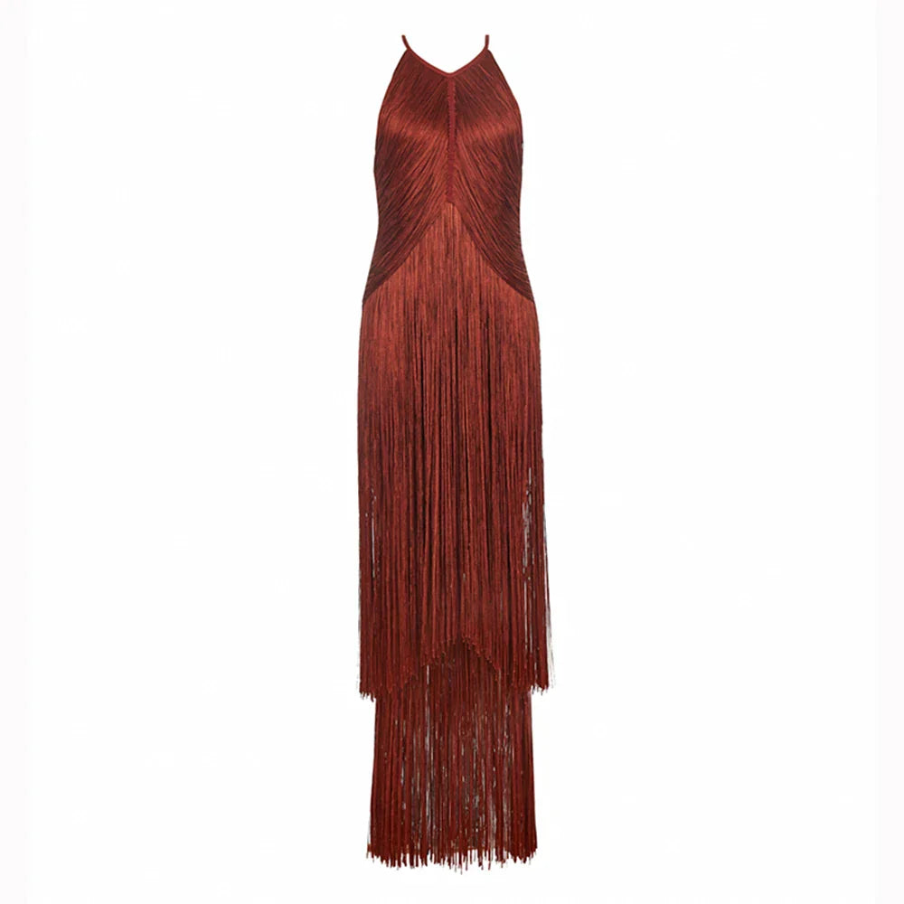 Modphy Sexy Tassel Ankle Bodycon Bandage Long Dress Celebrity Elegant Evening Club Luxury Birthday Party Outfit ﻿ Brown