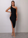 2025 Sexy Women Hollow Bandage Dress with Diagonal Collar Single Shoulder Sleeveless Bodycon Split Midi Dress Club Party Vestido black