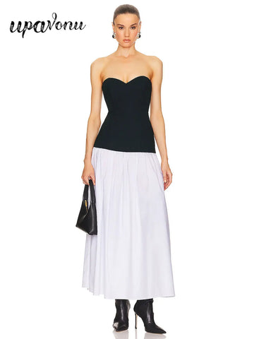 2024 Sexy Women'S Patchwork Long Dress Strapless Sleeveless A-Line Backless Pleated Dress Cocktail Evening Club Party Vestitos