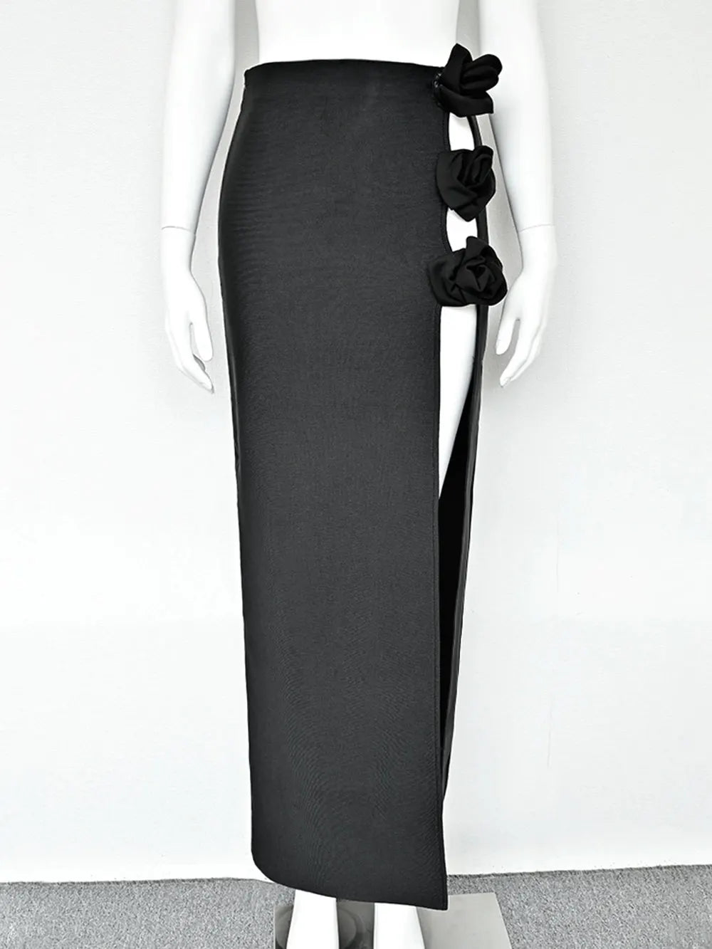 2025 Women's Half Skirt High Waist Sexy Half Skirt Fashion Three Dimensional Flower Half Skirt Hollow Split Long Half Skirt black