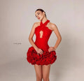 Stereoscopic Folwer Sexy Deep V-Neck Halter Sheath Red Bandage Mini Dress Sweet Woman Birthday Party Dress Music Festival Outfit