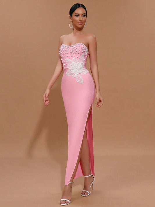 Spring Sexy Women's 3D Flower Pearl Bandage Dress Strapless Sleeveless Bodycon Backless Long Dress Club Party Vestidos