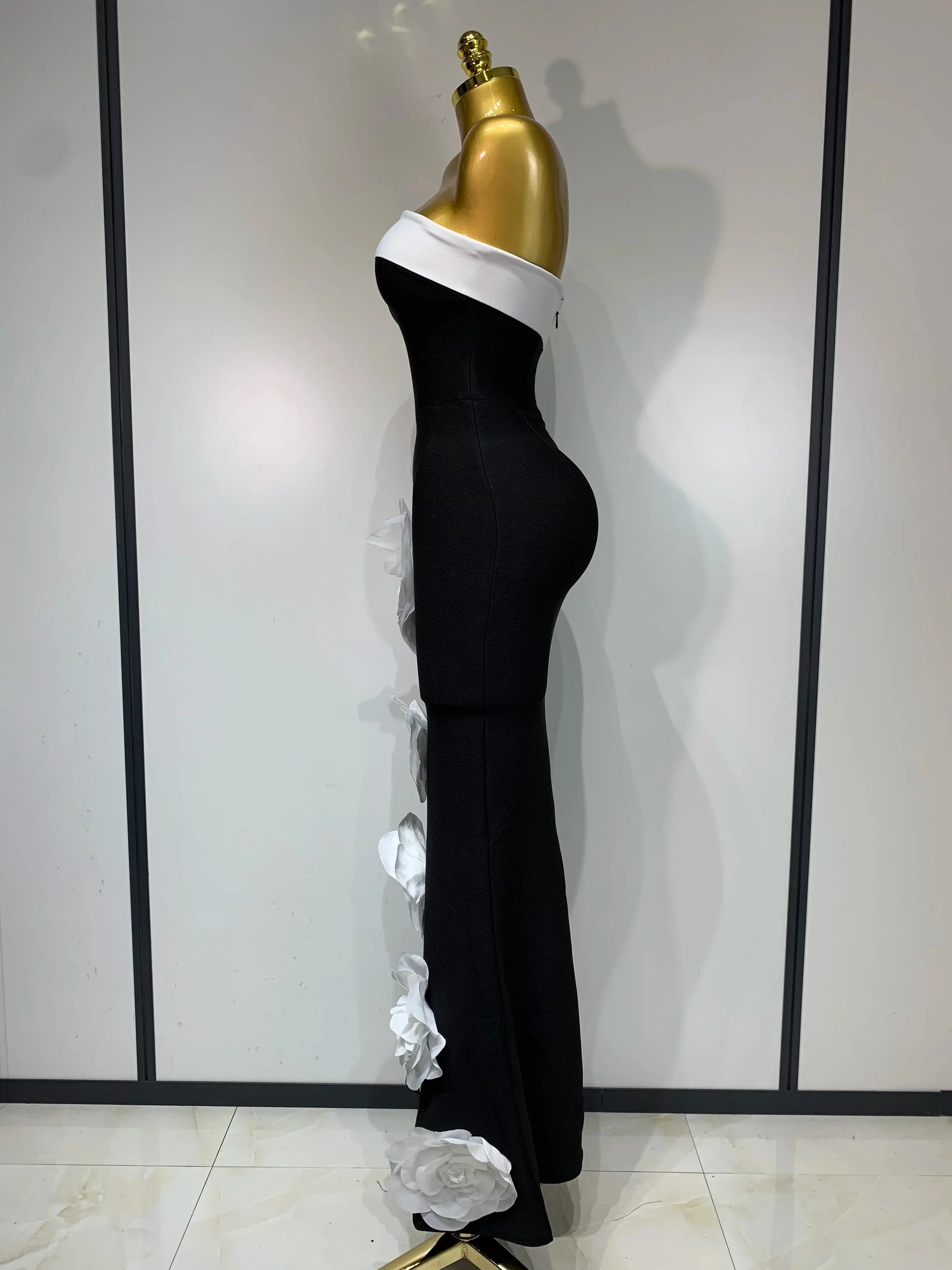 Women Sexy Strapless Backless Flower Maxi Long Bandage Dress Knitted Celebrity Elegant Evening Club Party Birthday Dresses