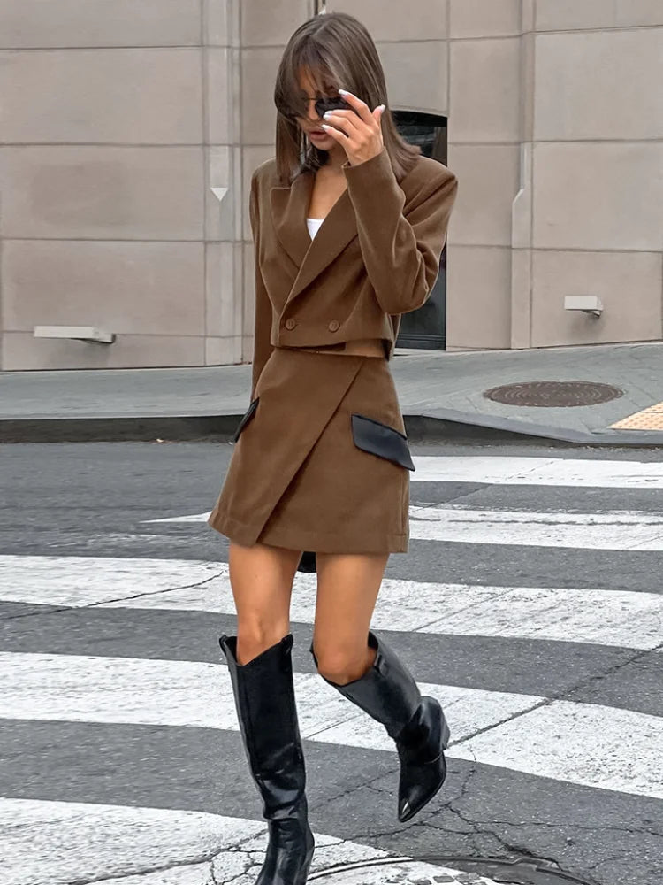 Patchwork Short Suit Jacket Irregular Mini Skirt Suits Women Lapel Long Sleeve Jacket High Waist Skirts New Autumn Ladies Outfit