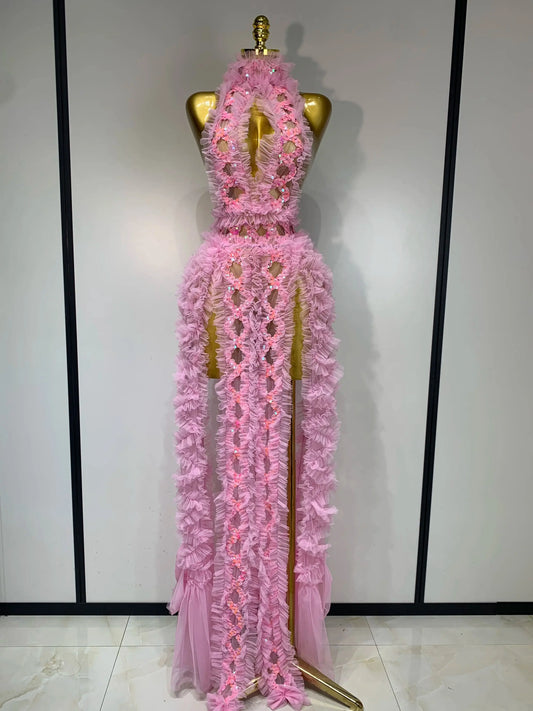 Mesh Sequins Sexy Backless Halter See Through Dress Birthday Evening Party Prom Nightclub Singer Stage Performance Costume