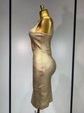 Women Sexy V Neck Bronzing Gold Midi Bodycon Bandage Dress Celebrity Elegant Evening Club Party Luxury Birthday Dress