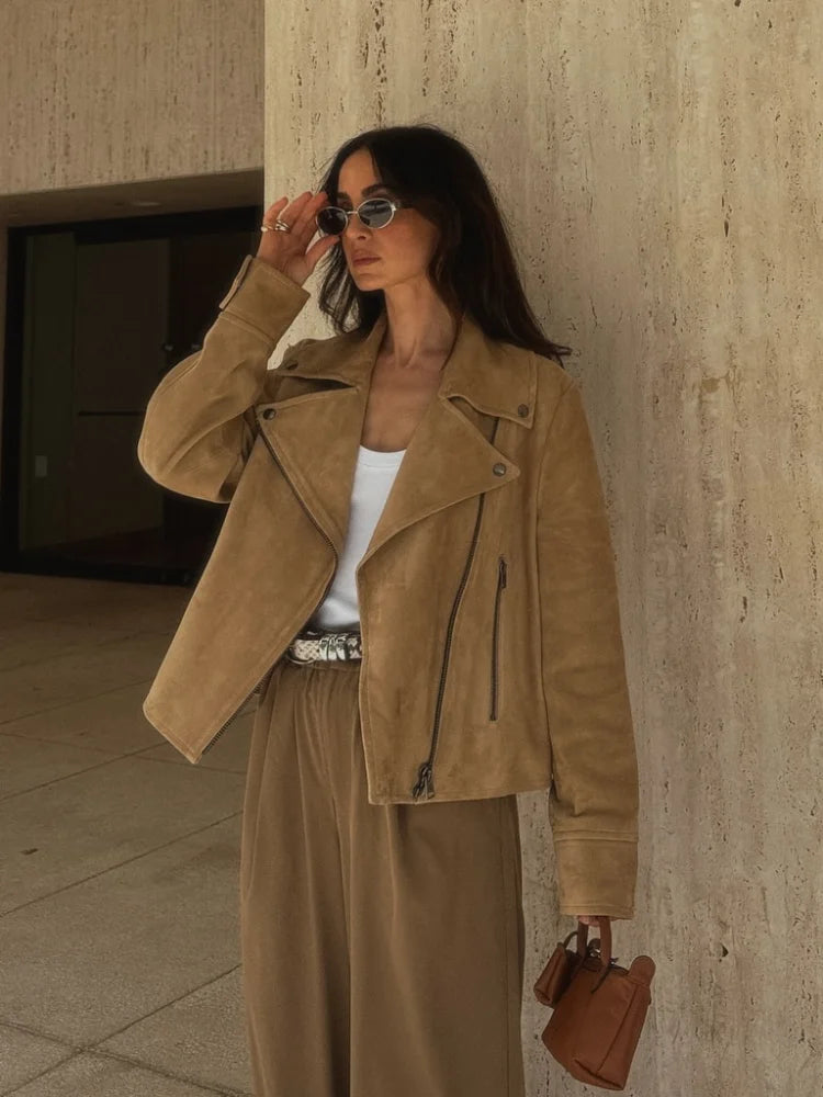 Lapel Slanting Placket Zipper Suede Bomber Jacket Women Street Turn-down Collar Long Sleeve Loose Coats Fashion Ladies Outerwear