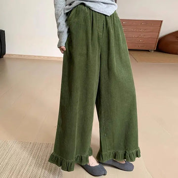 2025 New Harajuku Design Corduroy Lace Wide-leg Pants Winter Thickened Green Casual Pants Women y2k pants