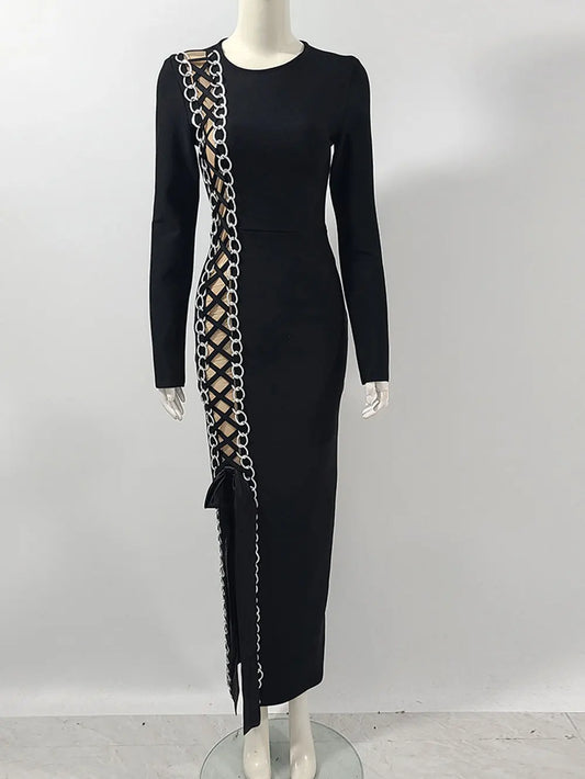 2024 Sexy Women Heavy Industry Chain Drawstring Bandage Dress O-neck Long Sleeve Bodycon Midi Split Dress Evening Party Vestidos