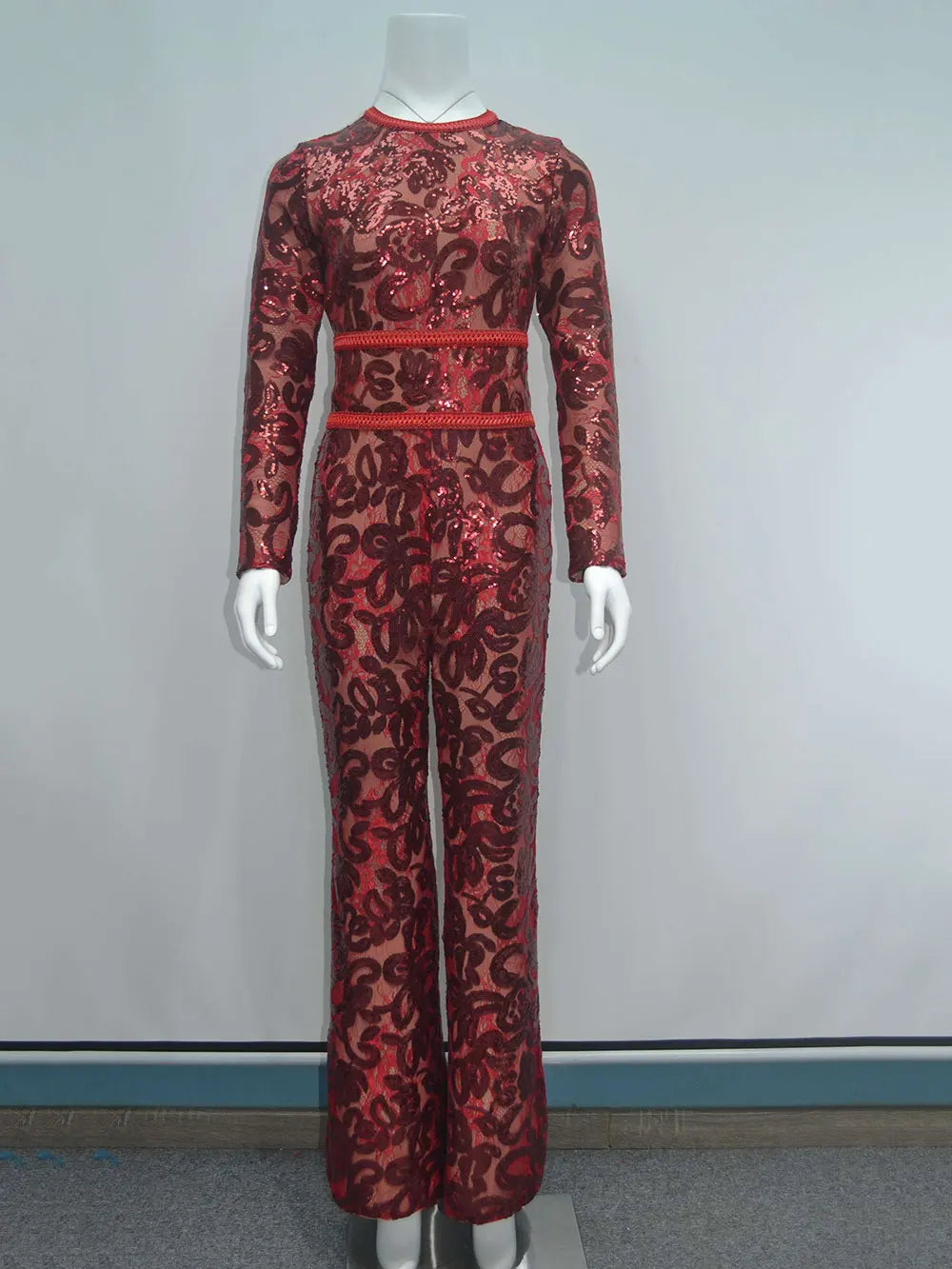 Women'S Light Luxury Sequin Patchwork Bandage Jumpsuit O-Neck Long Sleeved Waistband Flared Jumpsuit Pants Party Jumpsuit Claret