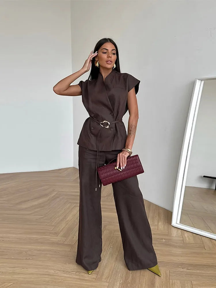 V-neck Lace Up Top Wide Leg Trousers Suits Women Chic Shoulder Pad Sleeve Double Breasted Tops High Waist Pants New Autumn Sets