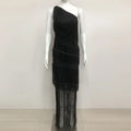 Women's One Shoulder Diagonal Collar Fringe Bandage Long Dress Summer Tassel Vacation Birthday Evening Night Club Vestidos black