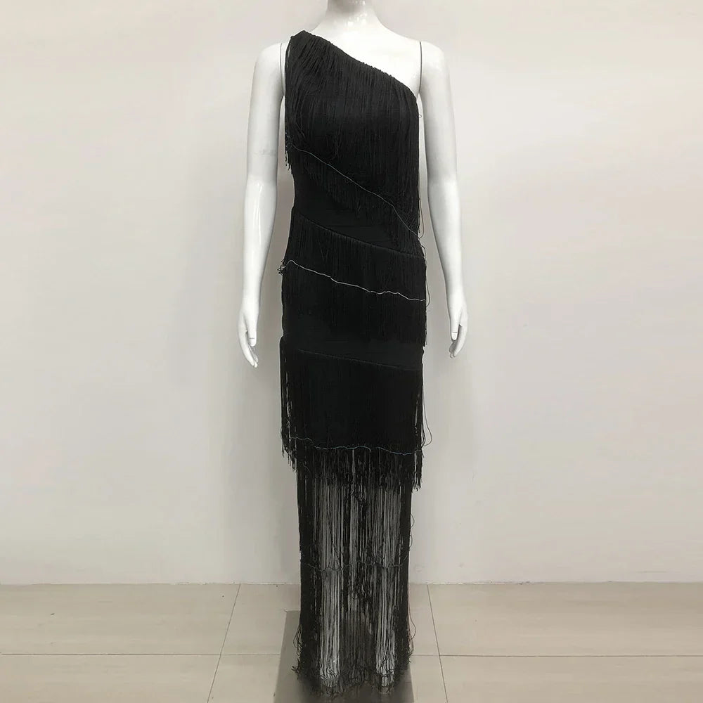 Women's One Shoulder Diagonal Collar Fringe Bandage Long Dress Summer Tassel Vacation Birthday Evening Night Club Vestidos black