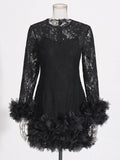 2024 Sexy Women's Black Lace Mini Dresses O-neck Long Sleeve Bodycon Stacked Mesh Design Dress Cocktail Evening Party Vestidos black
