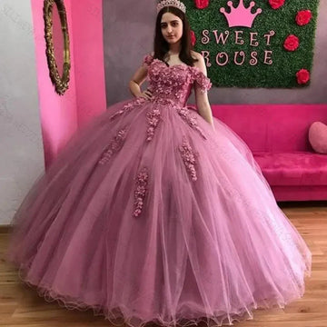 Charming Pink Evening Dresses 3D Applique Puffy Skirt Lace-Up Back Sweet Party Dress Long Prom Gowns