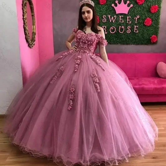 Charming Pink Evening Dresses 3D Applique Puffy Skirt Lace-Up Back Sweet Party Dress Long Prom Gowns