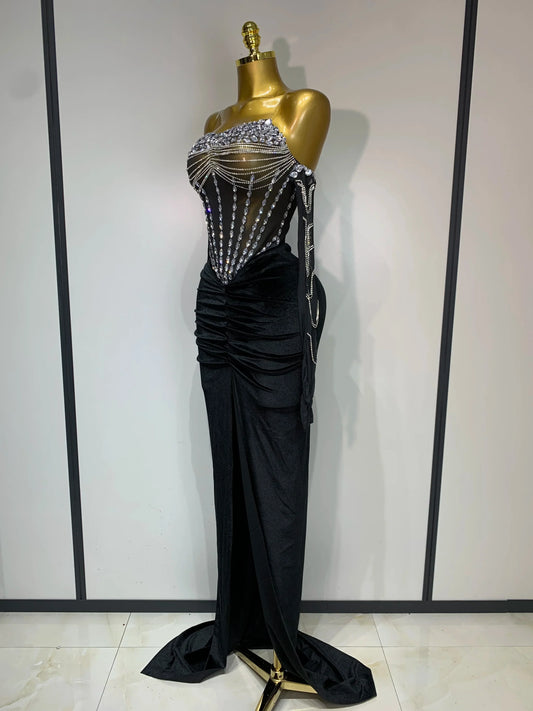 Women Sexy Strapless Rhinestone bodysuit Skirt Three Piece Set Celebrity Elegant Evening Party Birthday Dresses Stage Costume