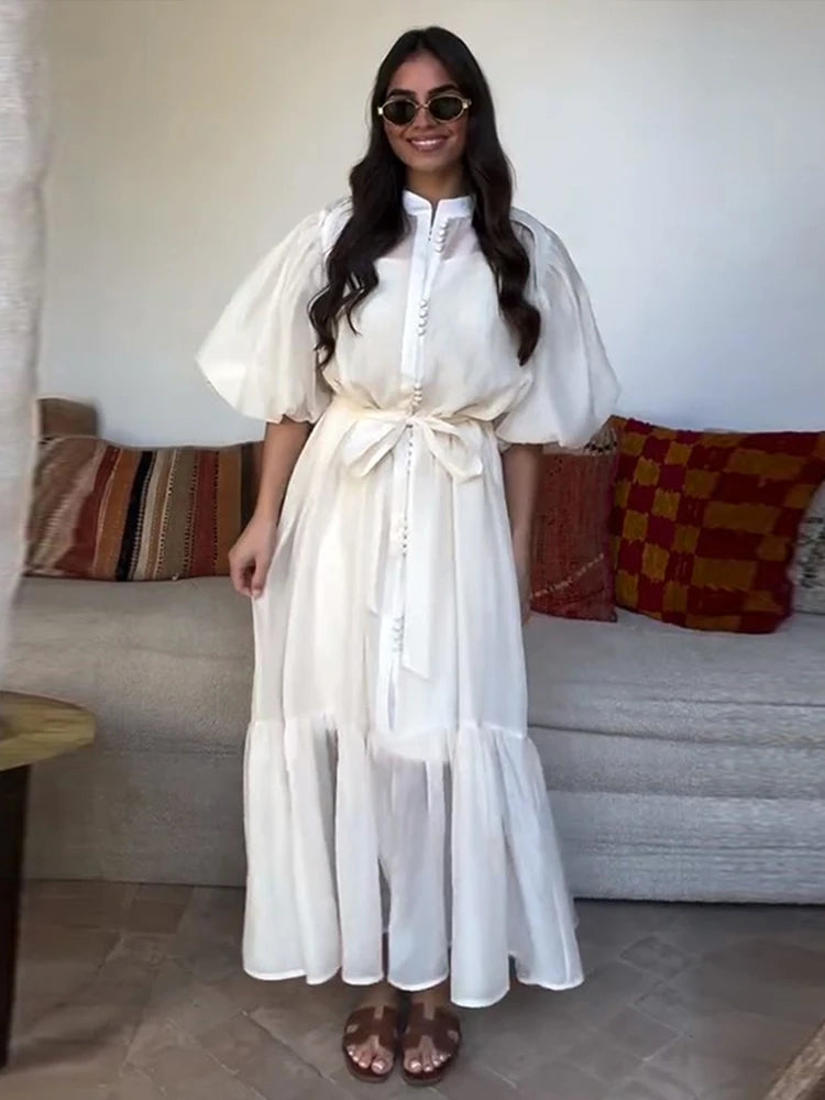 Lantern Sleeve Waist Cinching Long Dresses Women Elegant O-neck Short Sleeves Single Breasted Lace Up Dress Office Lady Vestidos