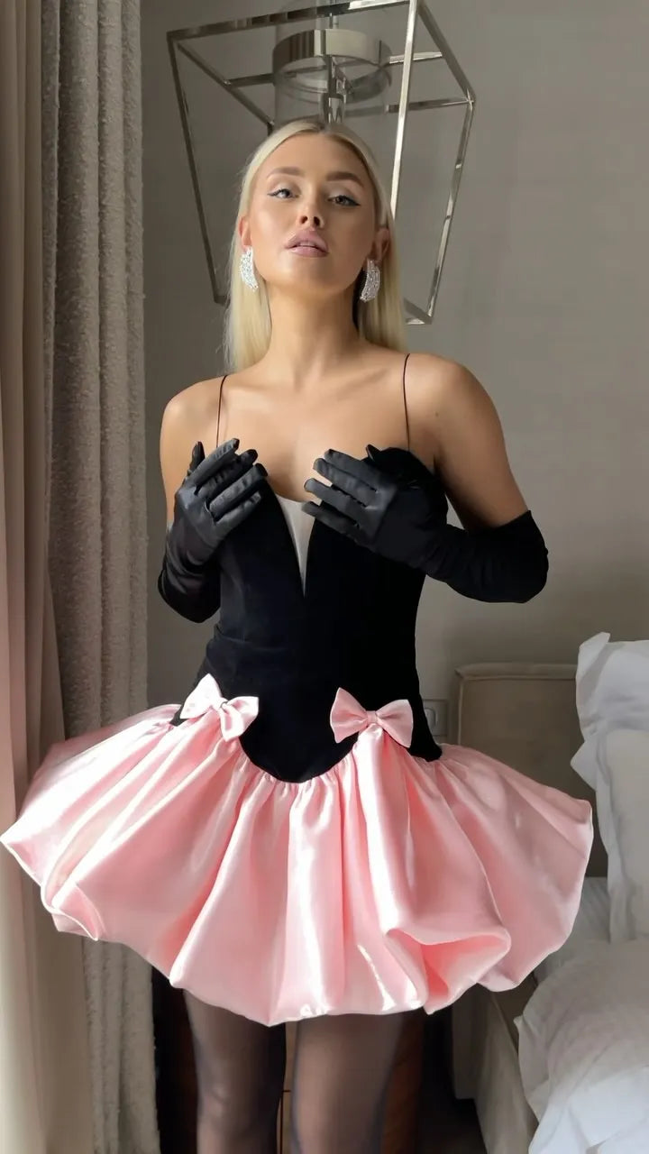 New Summer Women Sexy Strap V-Neck Ball Gown Mini Dress Celebrate Fashion Birthday Party Cute Girls' Date Dress