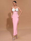 2024 Sexy Women'S Light Luxury Flower Design Bandage Dress Spaghetti Strap Sleeveless Bodycon Backless Long Dresses Vestidos Pink