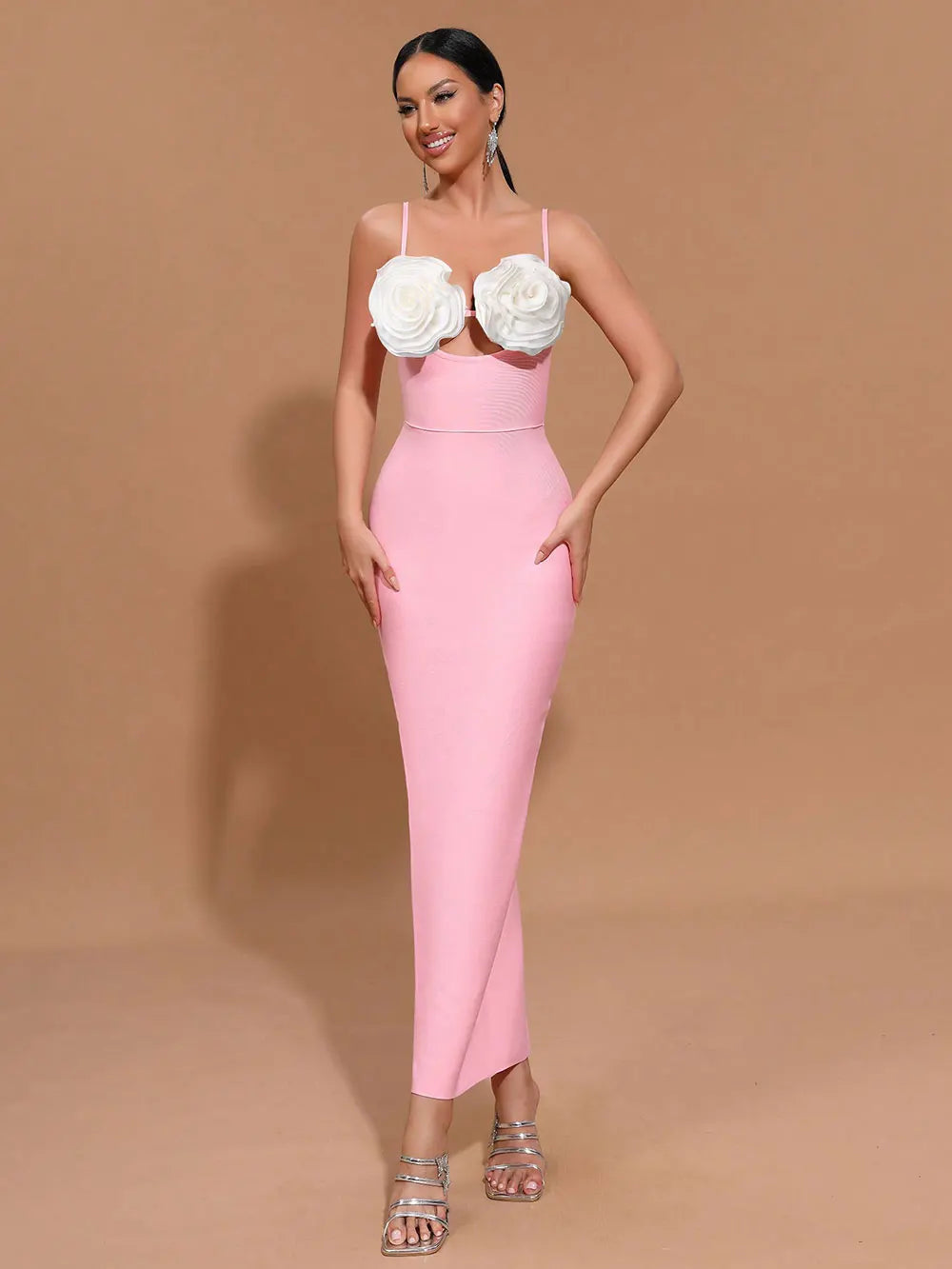 2024 Sexy Women'S Light Luxury Flower Design Bandage Dress Spaghetti Strap Sleeveless Bodycon Backless Long Dresses Vestidos Pink