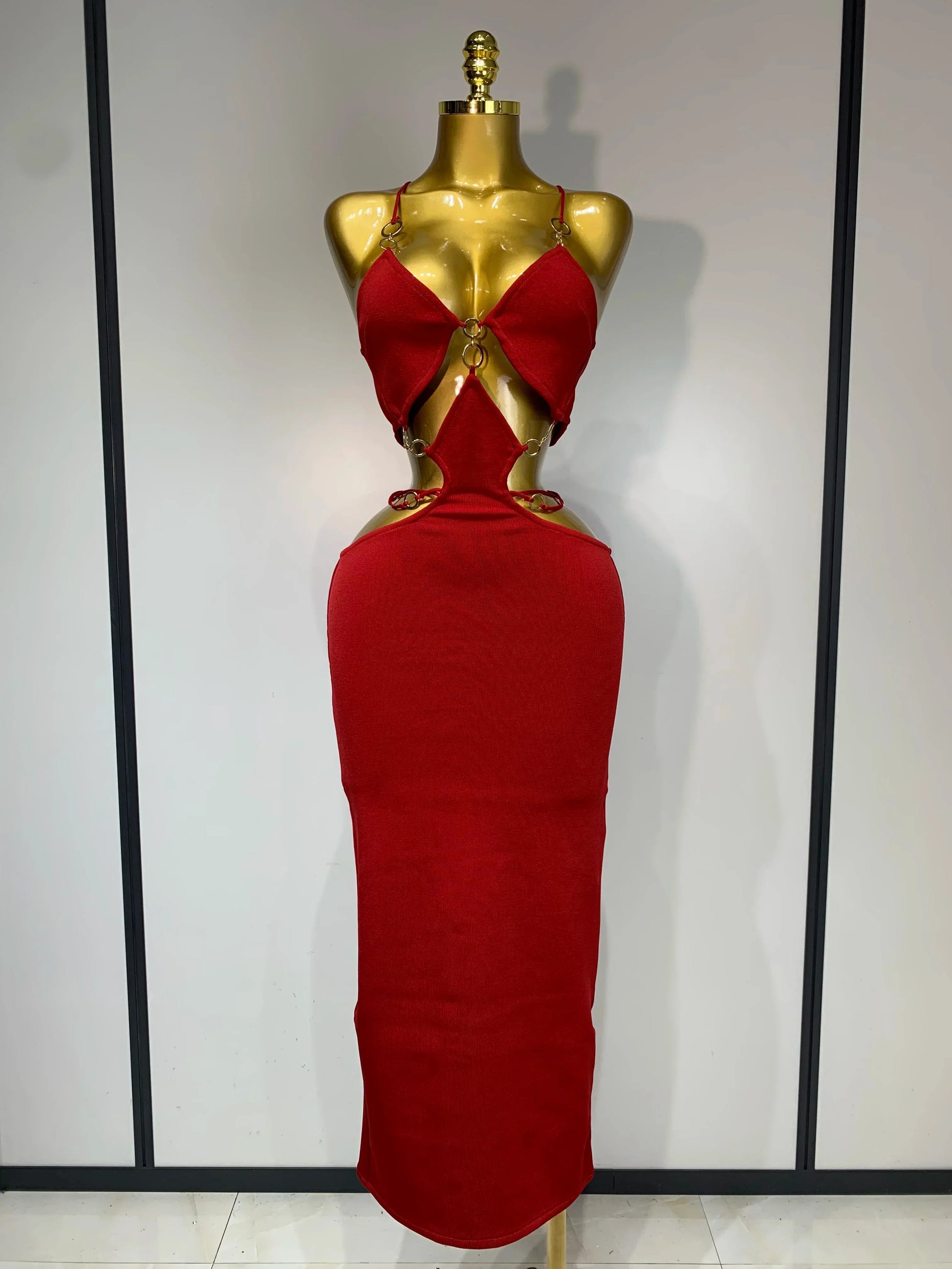 Women Sleeveless Sexy Halter Hollow Out Black Red Bodycon Long Bandage Dress Celebate Elegant Luxury Birthday Club Dress Red