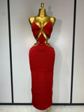 Women Sleeveless Sexy Spaghetti Strap Hollow Out Bodycon Long Bandage Dress Celebate Elegant Luxury Birthday Club Dresses Red